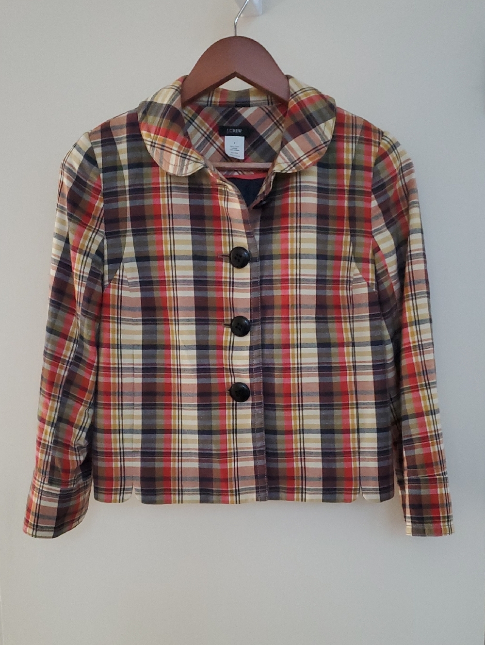 J. Crew Plaid Button-Front Cropped Jacket 4 Reg Red/Blue/Gold Cotton